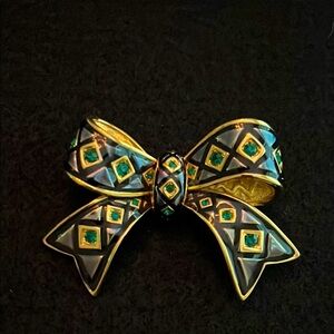 Vintage Joan Rivers Green Crystal and Blue Enamel Bow Pin in Mint Condition